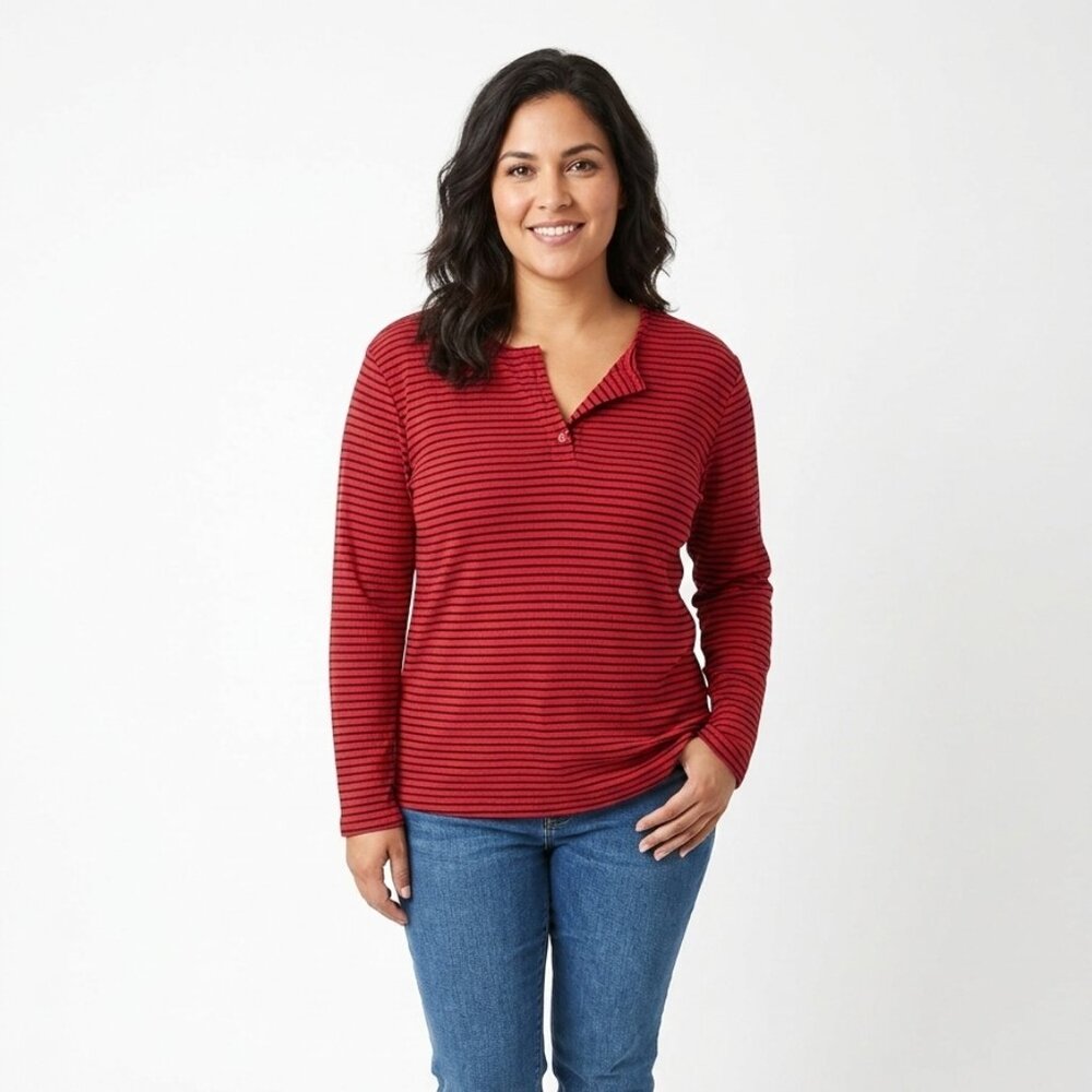 REBECCA MALONE BRAND Beautiful Red With Black Stripes Quarter Button Up - Size M